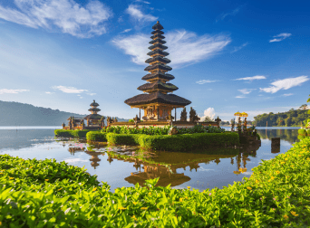 Ulun Danu Beratan Temple in Bali, floating on Lake Beratan with mountains in the background