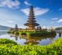 Ulun Danu Beratan Temple in Bali, floating on Lake Beratan with mountains in the background